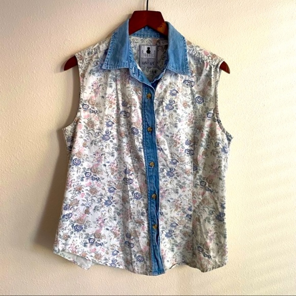 Vintage Denim Pastel Floral Printed Sleeveless Shirt Krazy Kat Purrfect 90’s - Picture 2 of 10